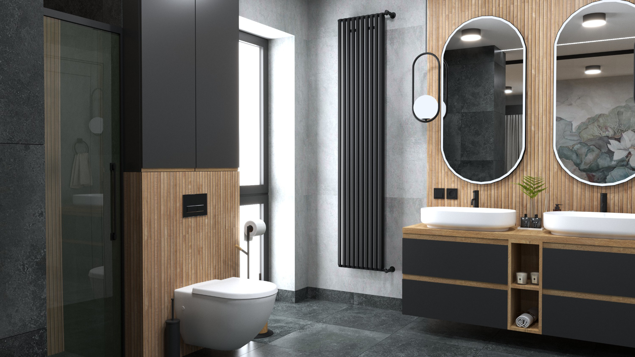 Nowoczesna łazienka z drewnianymi akcentami: podwójna umywalka z owalnymi lustrami, czarna armatura i grzejnik, szara podłoga i częściowo drewniane ściany.