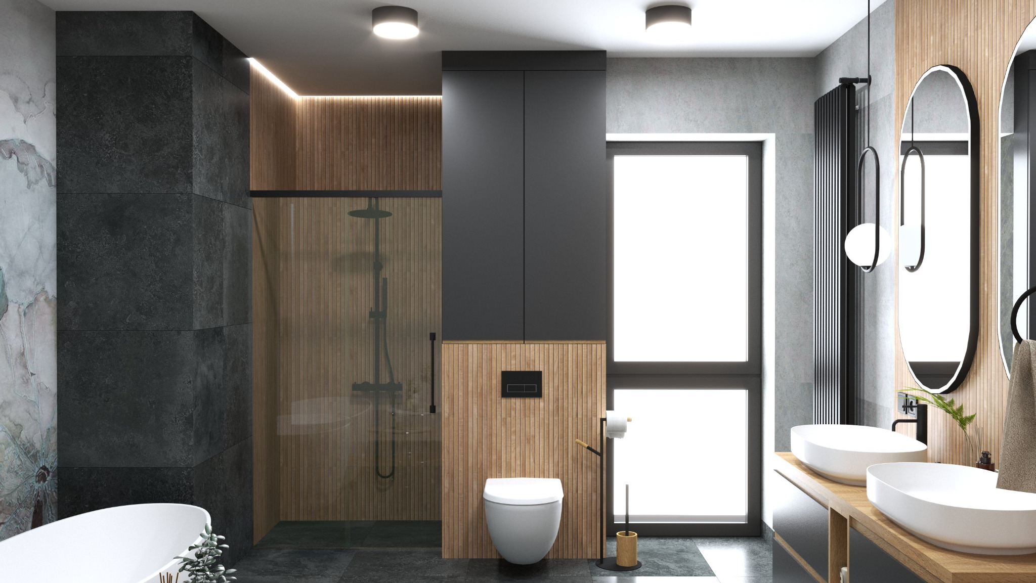 Nowoczesna łazienka z kabiną prysznicową, umywalkami nablatowymi i drewnianymi akcentami. Uwagę przykuwa oświetlenie LED i minimalistyczna toaleta.