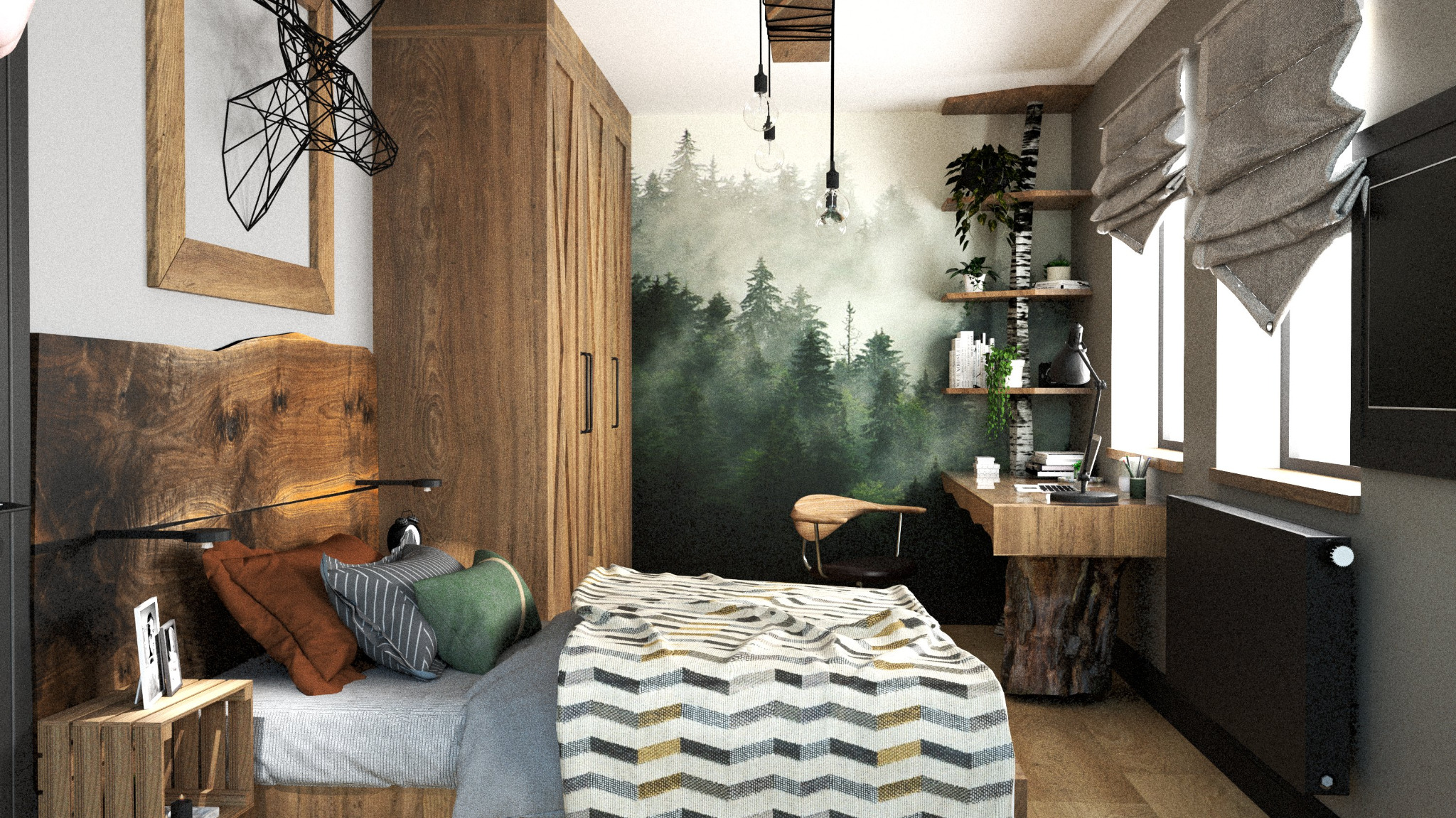 Przytulna sypialnia z łóżkiem o drewnianym wezgłowiu, biurkiem z pnia drzewa i fototapetą leśną. Minimalistyczny wystrój z geometryczną dekoracją ścienną.
