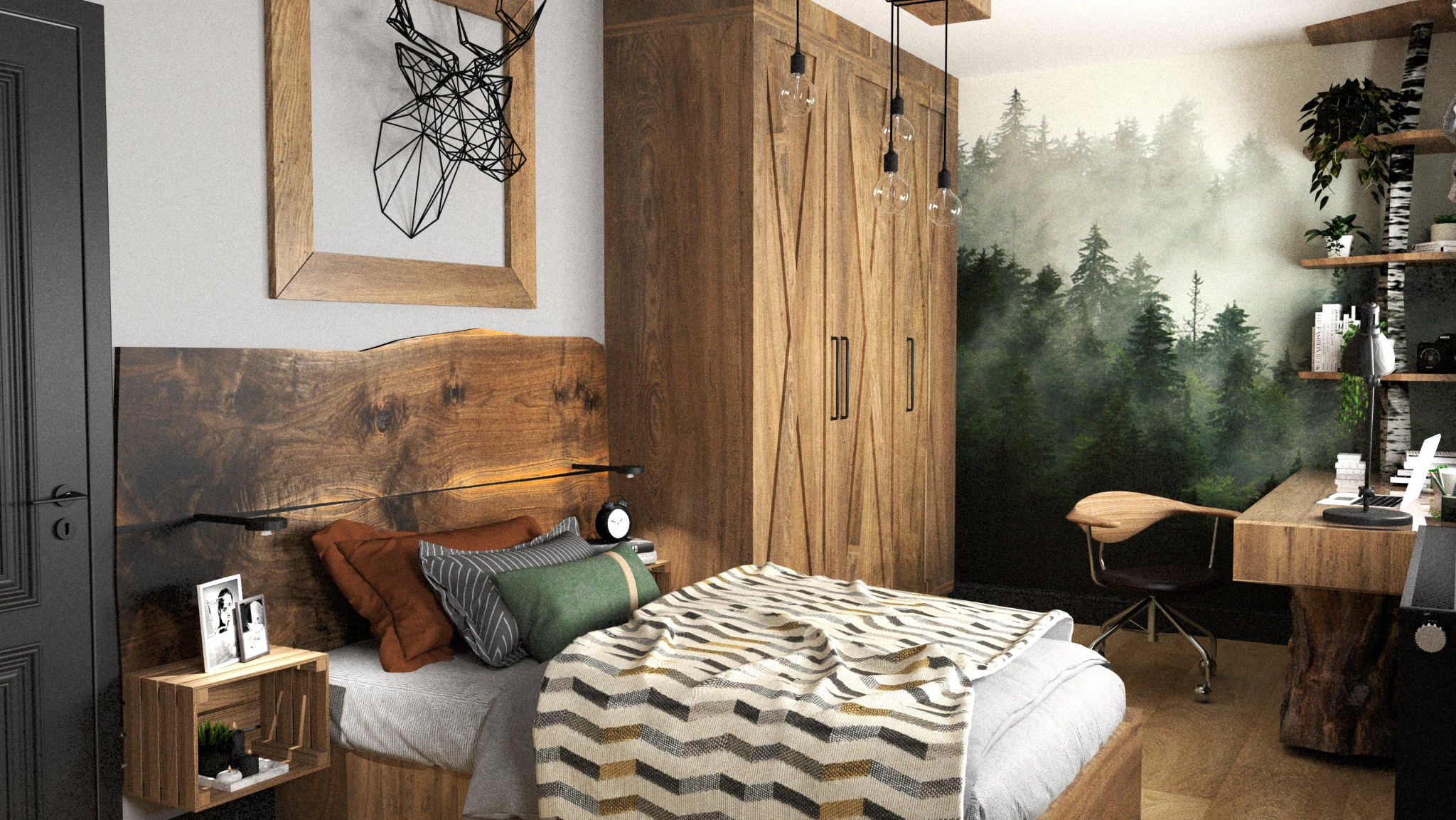 Wnętrze sypialni w stylu rustykalnym: drewniane łóżko z zagłówkiem z litego drewna, szafa z frezowanymi drzwiami, biurko z blatem na pniu i fototapeta z motywem lasu.