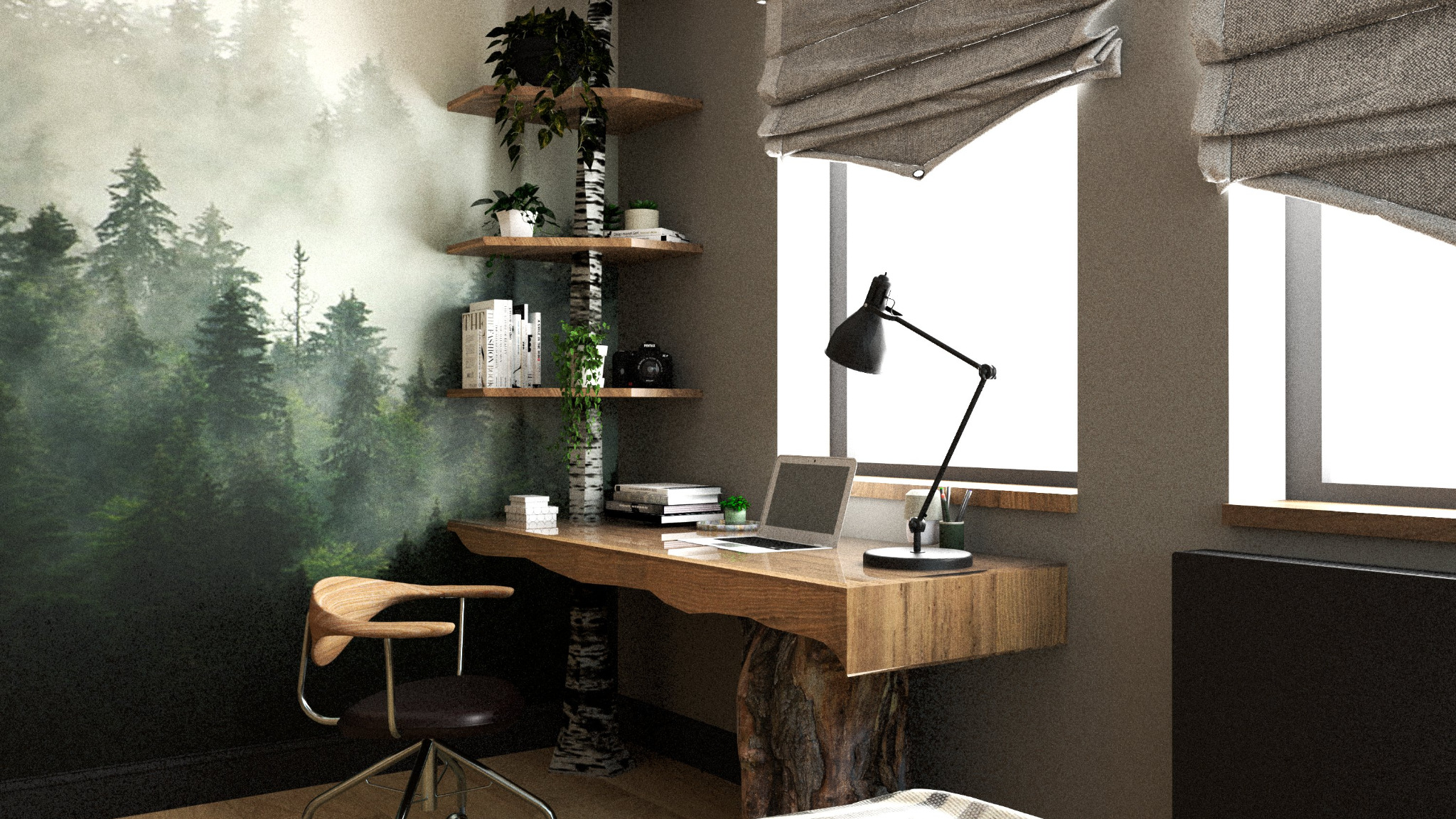 Stylowe biurko z blatem z naturalnego drewna i pniem jako podstawą, obok okna z roletami rzymskimi. Na ścianie fototapeta z motywem leśnym i półki z dekoracjami.