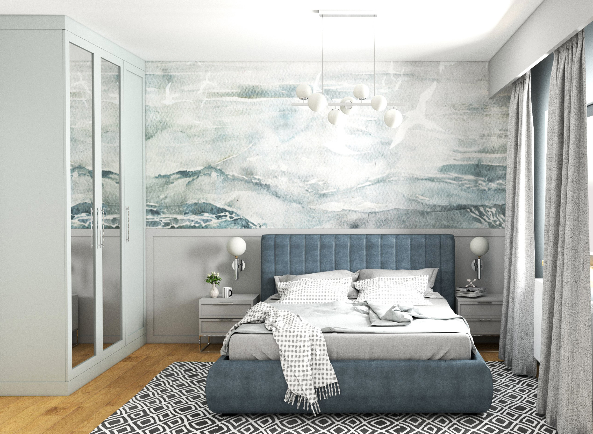 Nowoczesna sypialnia z łóżkiem w odcieniach niebieskiego, szafkami nocnymi i szafą z lustrami. Na ścianie dekoracyjny panel z motywem akwareli.