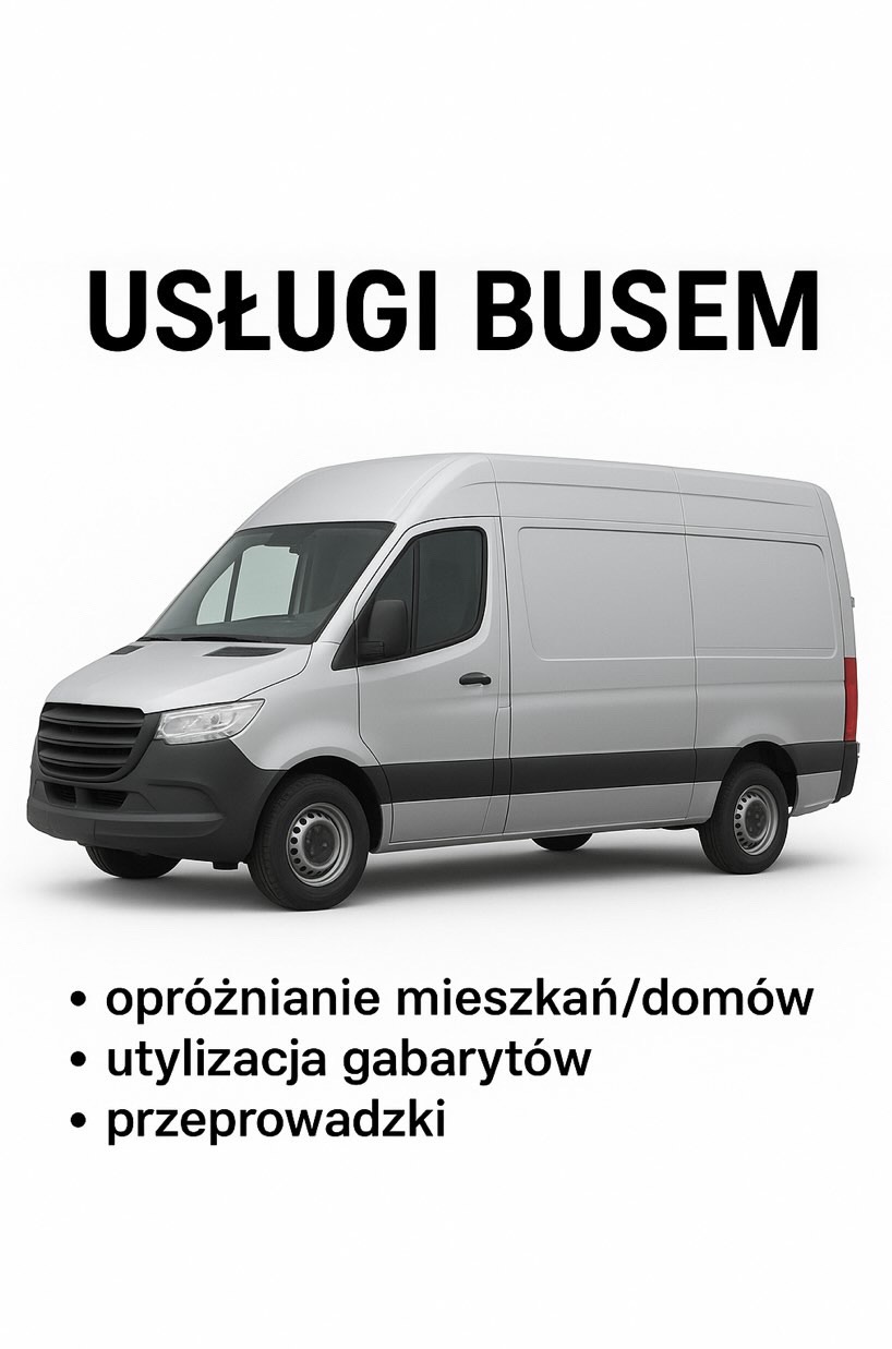 Grafika reklamowa: biały bus dostawczy na białym tle z czarnym napisem 'Usługi Busem' i listą usług: opróżnianie, utylizacja, przeprowadzki.