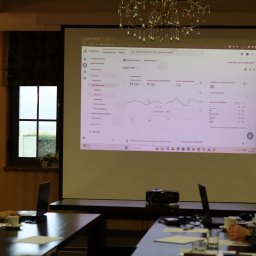 MinisterstwoReklamy.pl Sp. z o.o. - Prezentacja danych Analytics na projektorze podczas spotkania. Widoczny wykres page_view i liczba zdarzeń. Uczestnicy z laptopami przy stole.