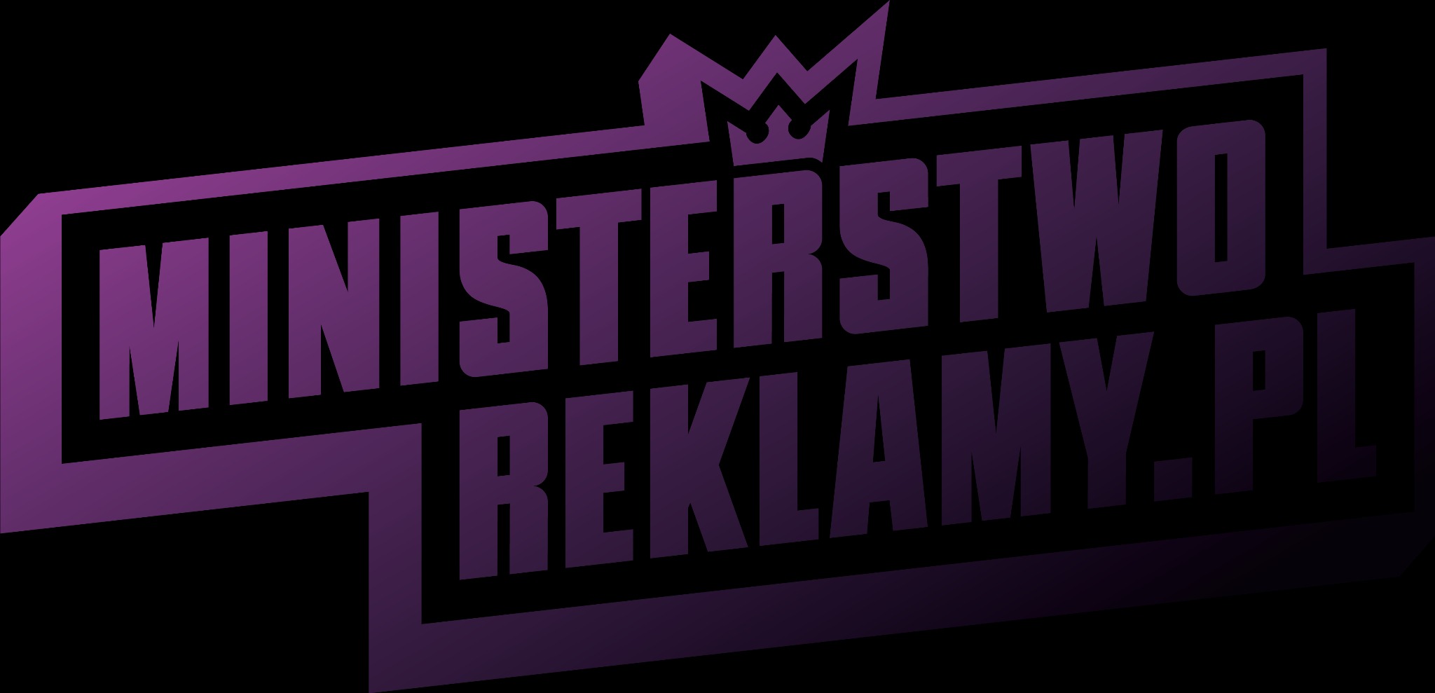 Fioletowe logo firmy 'Ministerstwo Reklamy.pl' na czarnym tle. Logo w formie napisu umieszczonego w prostokątnej ramce ze stylizowaną koroną u góry.