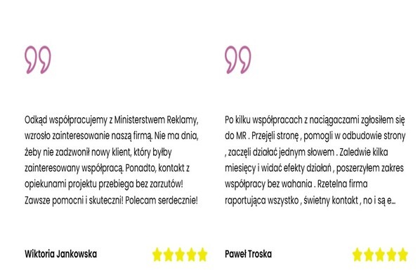 Dwa pozytywne teksty opinii klientów o współpracy z firmą reklamową, opatrzone imionami i oceną w postaci gwiazdek. Grafika.