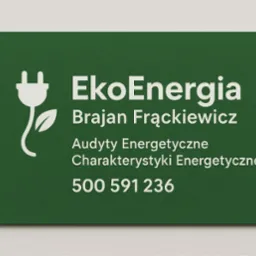 Wizytówka EkoEnergia Brajan Frąckiewicz: audyty i charakterystyki energetyczne, numer telefonu. Zielone tło, białe napisy, logo z wtyczką i liściem.