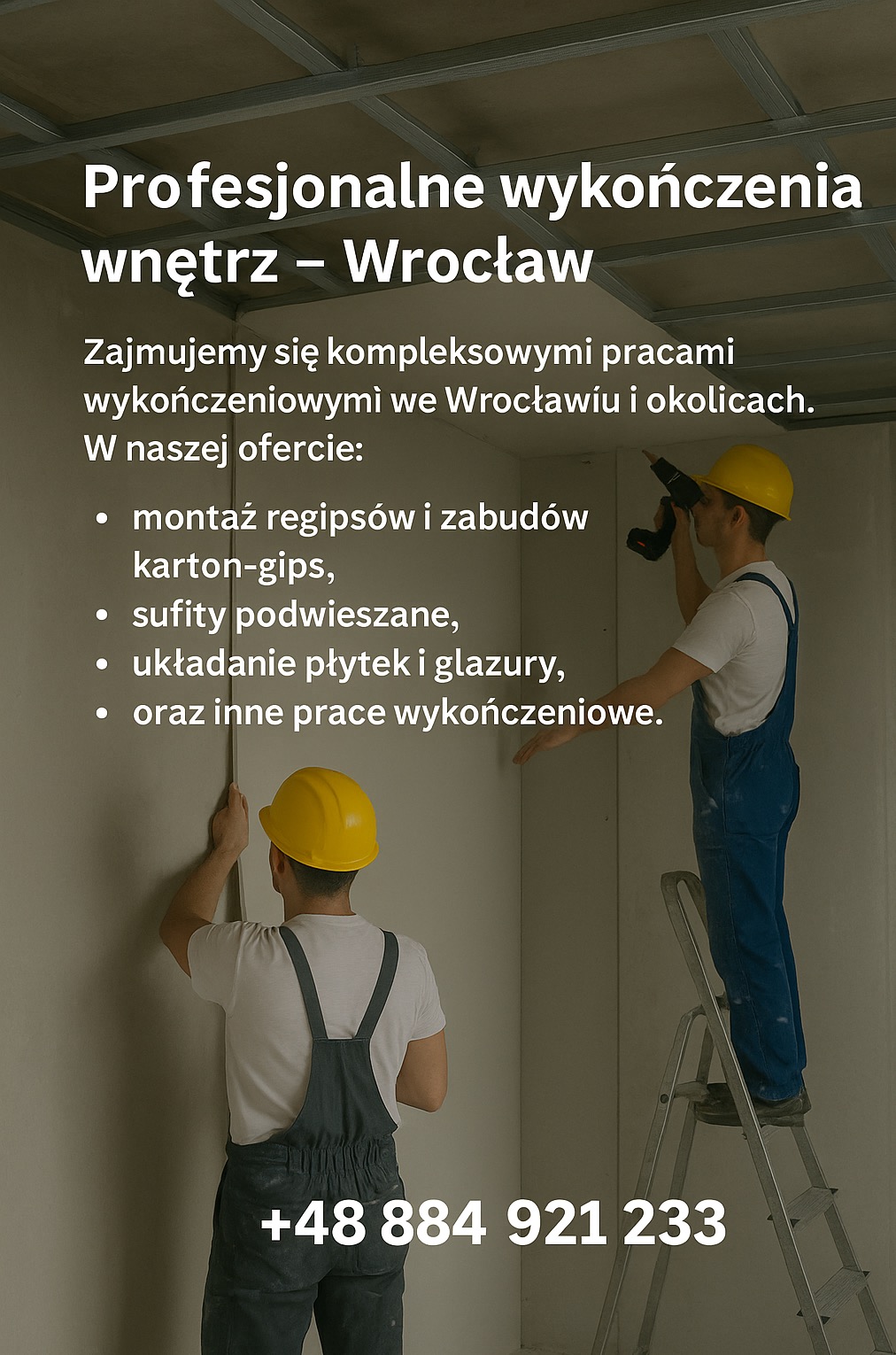 Dwóch monterów w kaskach instaluje płyty gipsowo-kartonowe na ścianie. Jeden na drabinie, drugi na podłodze. Reklama firmy z Wrocławia.
