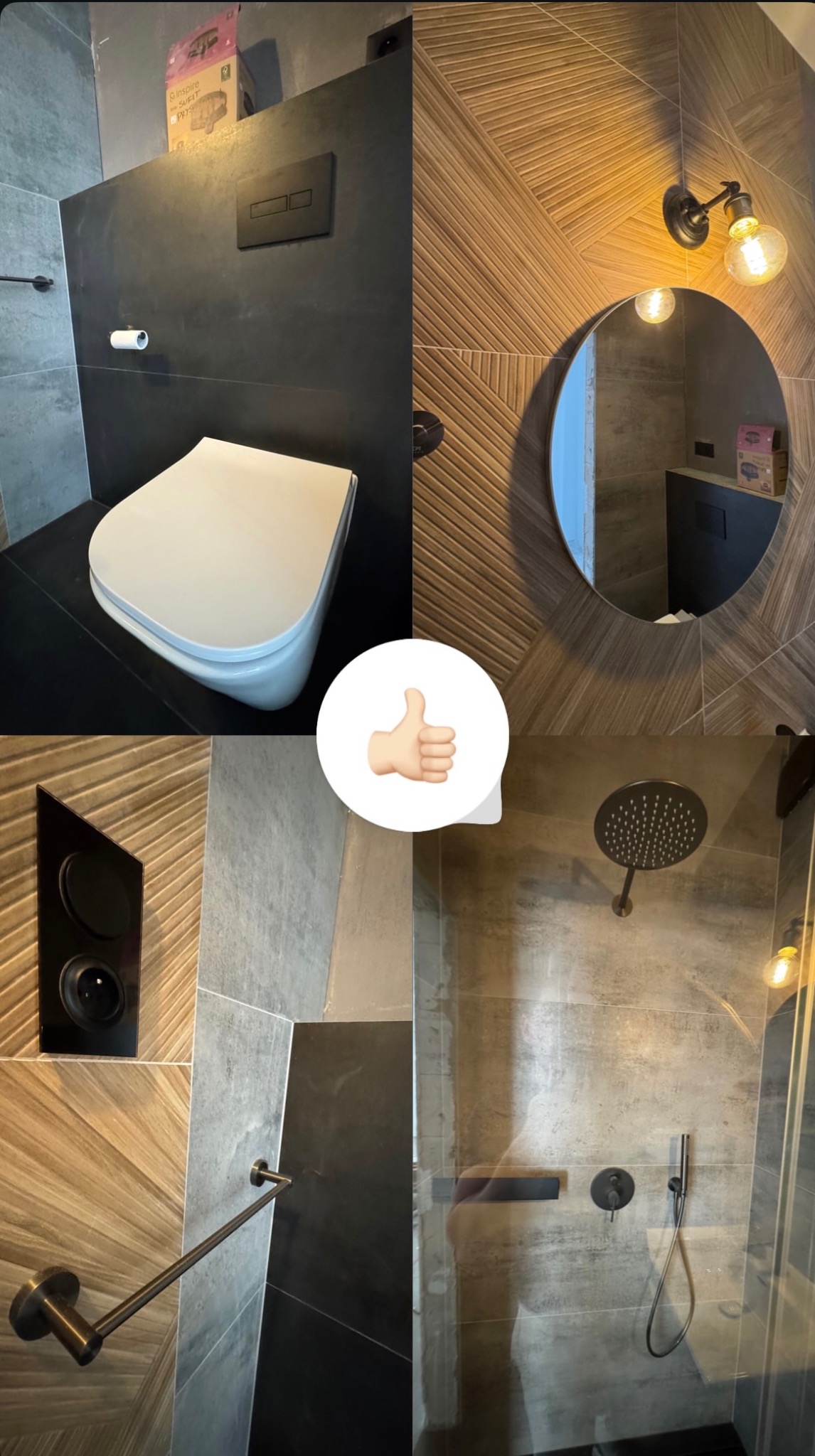 Nowoczesna łazienka: WC z czarną zabudową, lustro w okrągłej ramie, geometryczne płytki i deszczownica za szklaną ścianką. Stylowe oświetlenie i czarne akcenty.