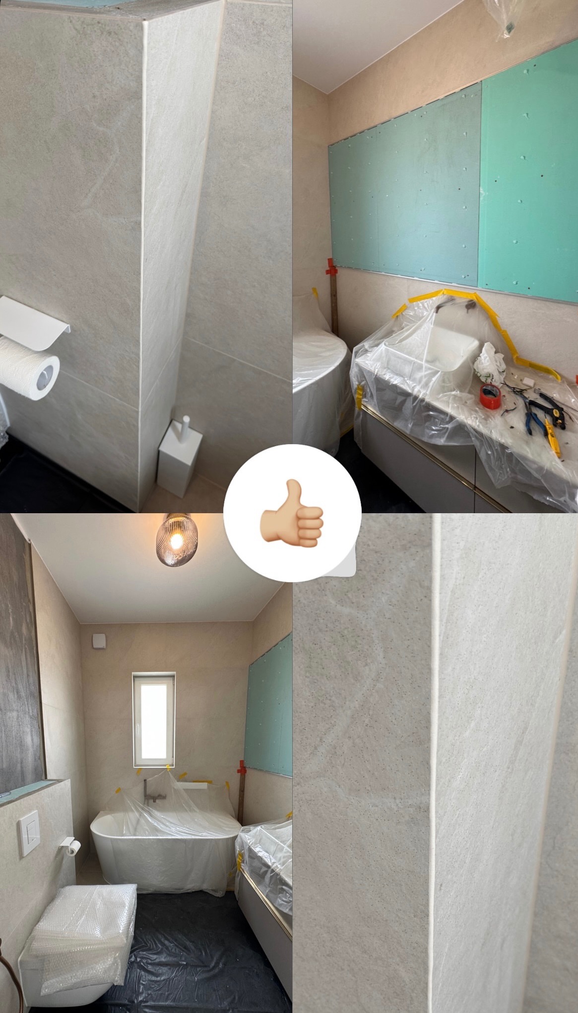 Remont łazienki: ułożone płytki, zabezpieczone elementy, płyta GK na ścianie. Widok na fragmenty wnętrza w trakcie prac wykończeniowych.