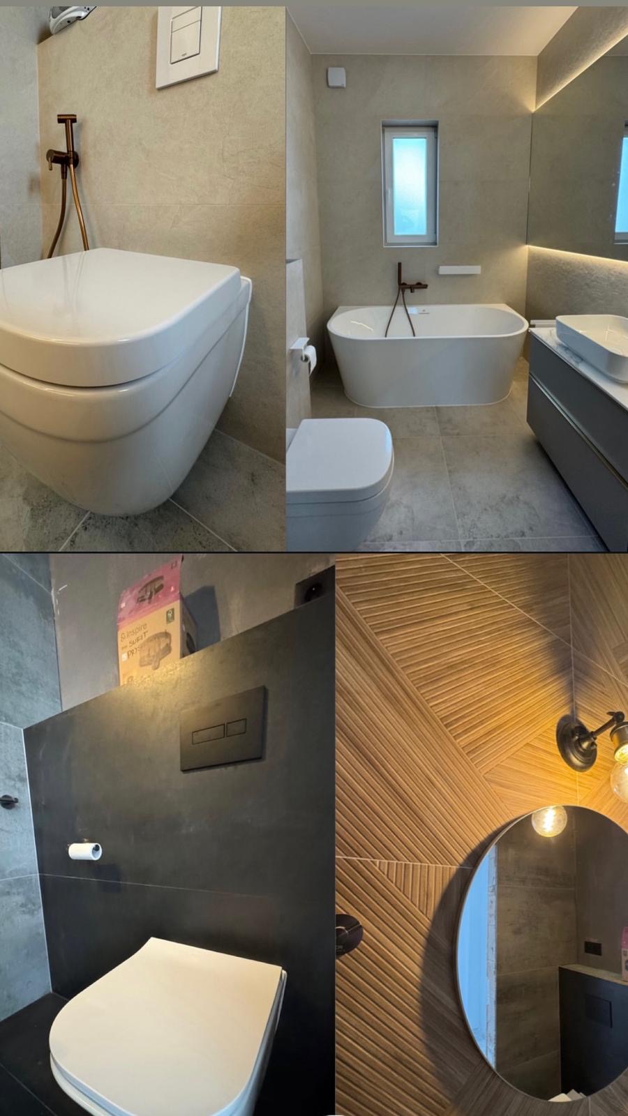 Wykończona łazienka z elementami w stylu nowoczesnym: podwieszana toaleta, wanna wolnostojąca, umywalka nablatowa i ozdobne płytki. Całość utrzymana w stonowanej kolorystyce.