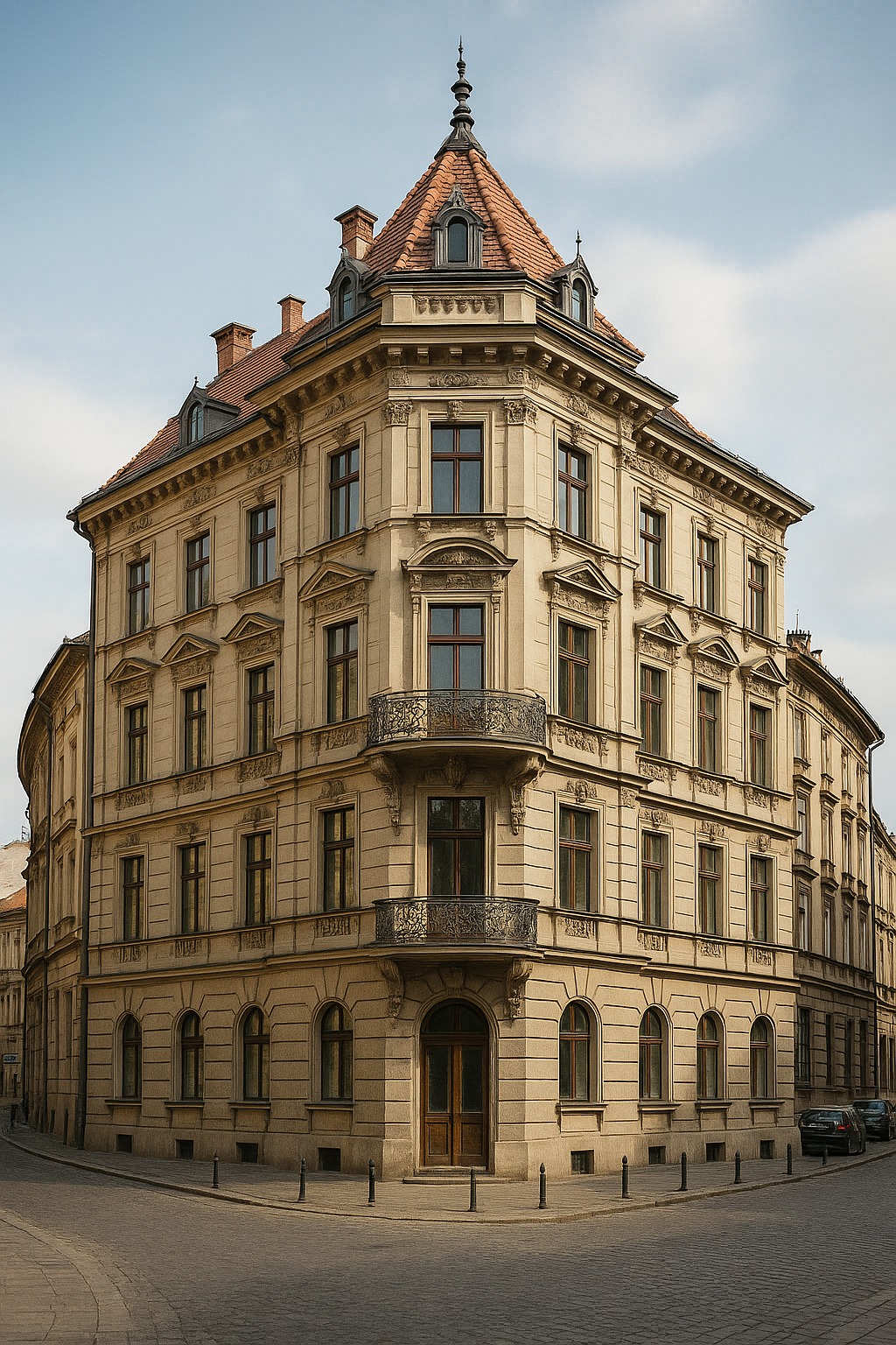 Kamienica w stylu eklektycznym z balkonem, Kraków. Detale architektoniczne, elewacja w odcieniach beżu, czerwony dach. Ujęcie z poziomu ulicy.
