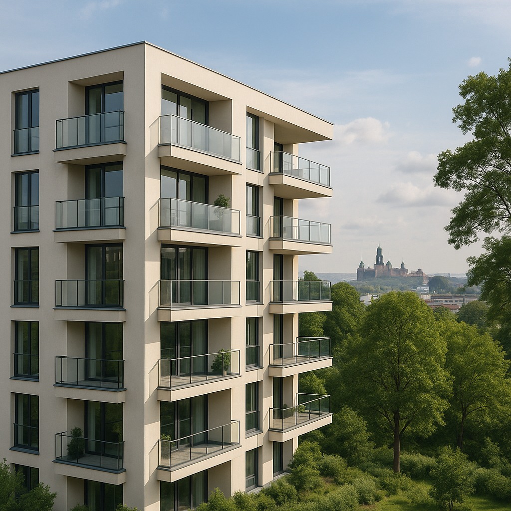 Nowoczesny budynek apartamentowy z balkonami i szklanymi balustradami na tle zieleni i panoramy miasta z historycznym zamkiem w oddali.