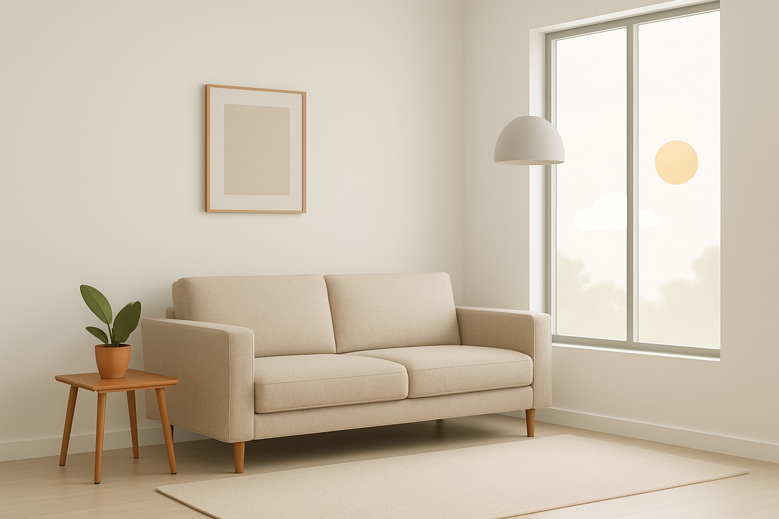 Beżowa sofa w minimalistycznym wnętrzu z obrazem w ramie i stolikiem z kwiatem. Naturalne światło wpada przez okno z naklejką słońca.