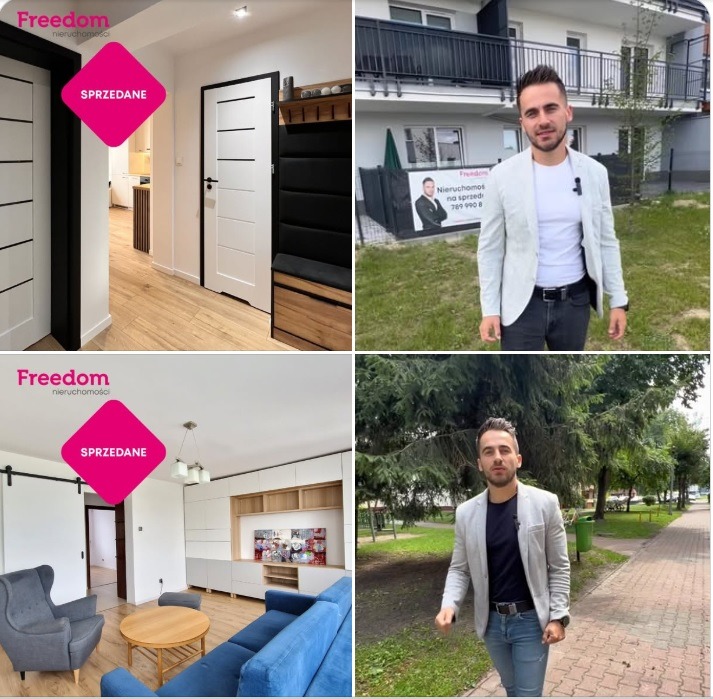 Kolaż: wnętrze mieszkania z oznaczeniem 'Sprzedane', agent nieruchomości na tle budynku i parku. Prezentacja oferty sprzedaży nieruchomości.