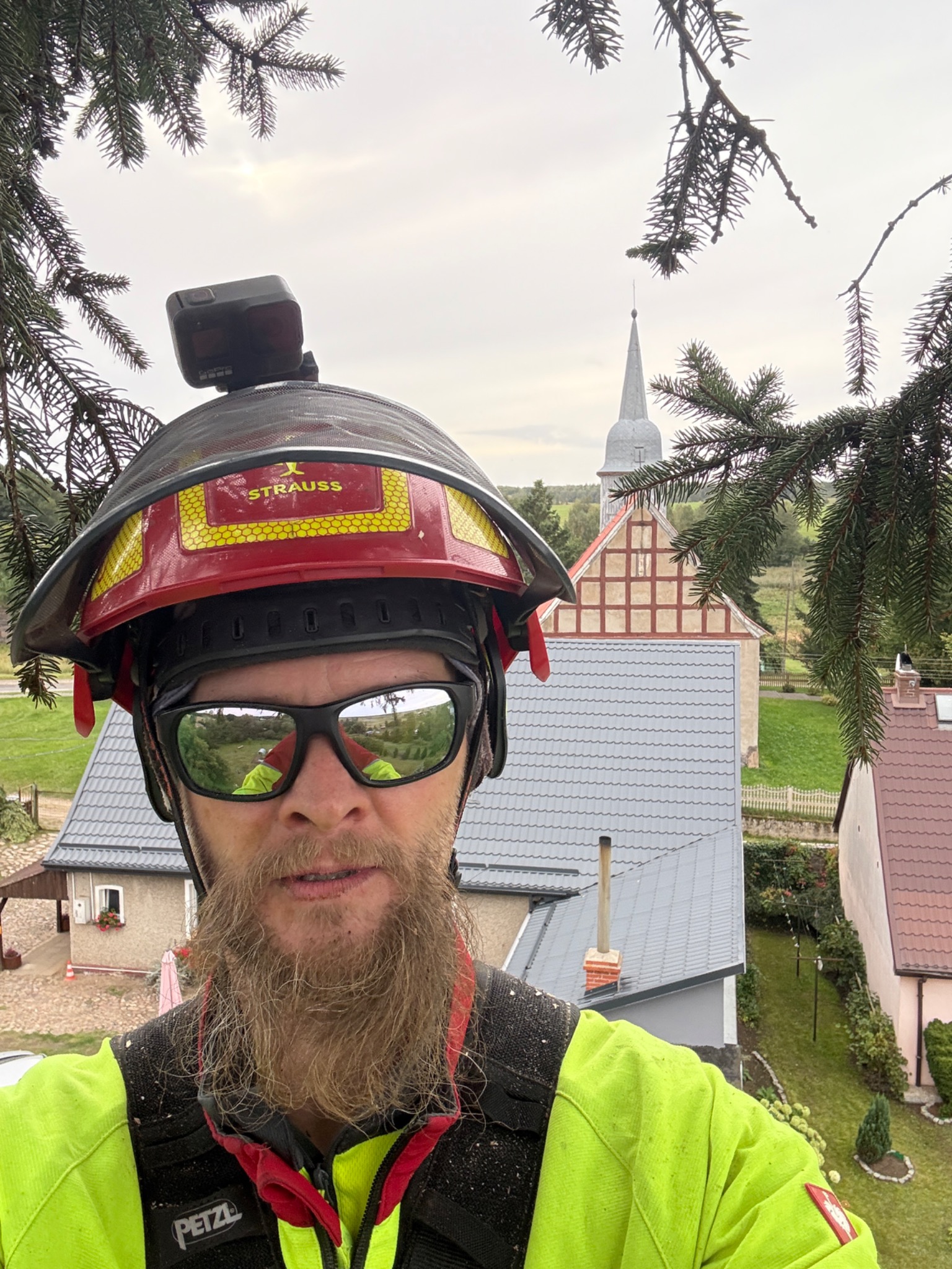 Arborysta w kasku Strauss z kamerą GoPro, widok z góry na domy i kościół. Praca na wysokości, odzież ochronna Petzl, widoczne gałęzie drzew.