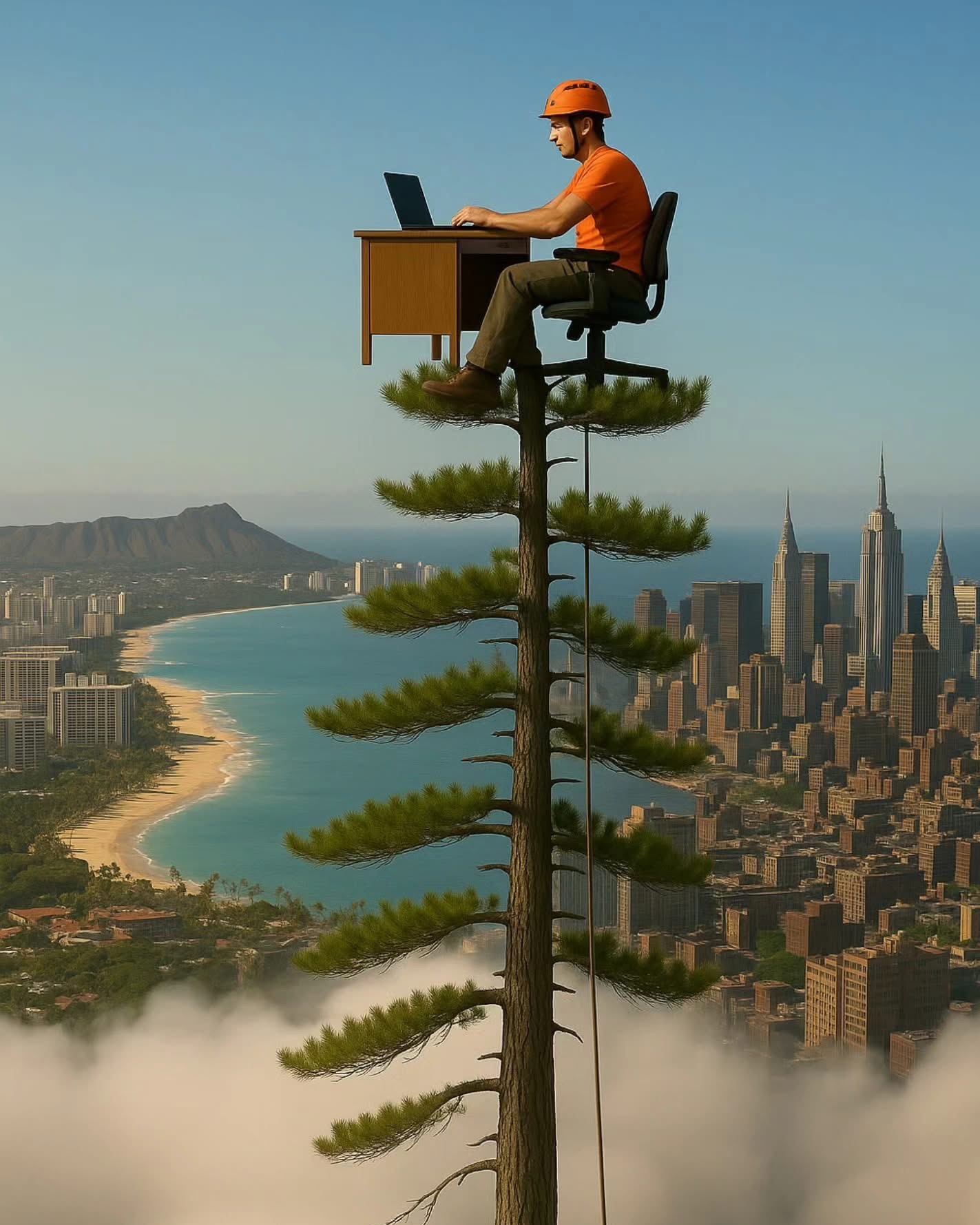 Pracownik w kasku siedzi na krześle przy biurku na szczycie wysokiego drzewa z widokiem na miasto i plażę w Ińsko. Koncepcja pracy na wysokości.