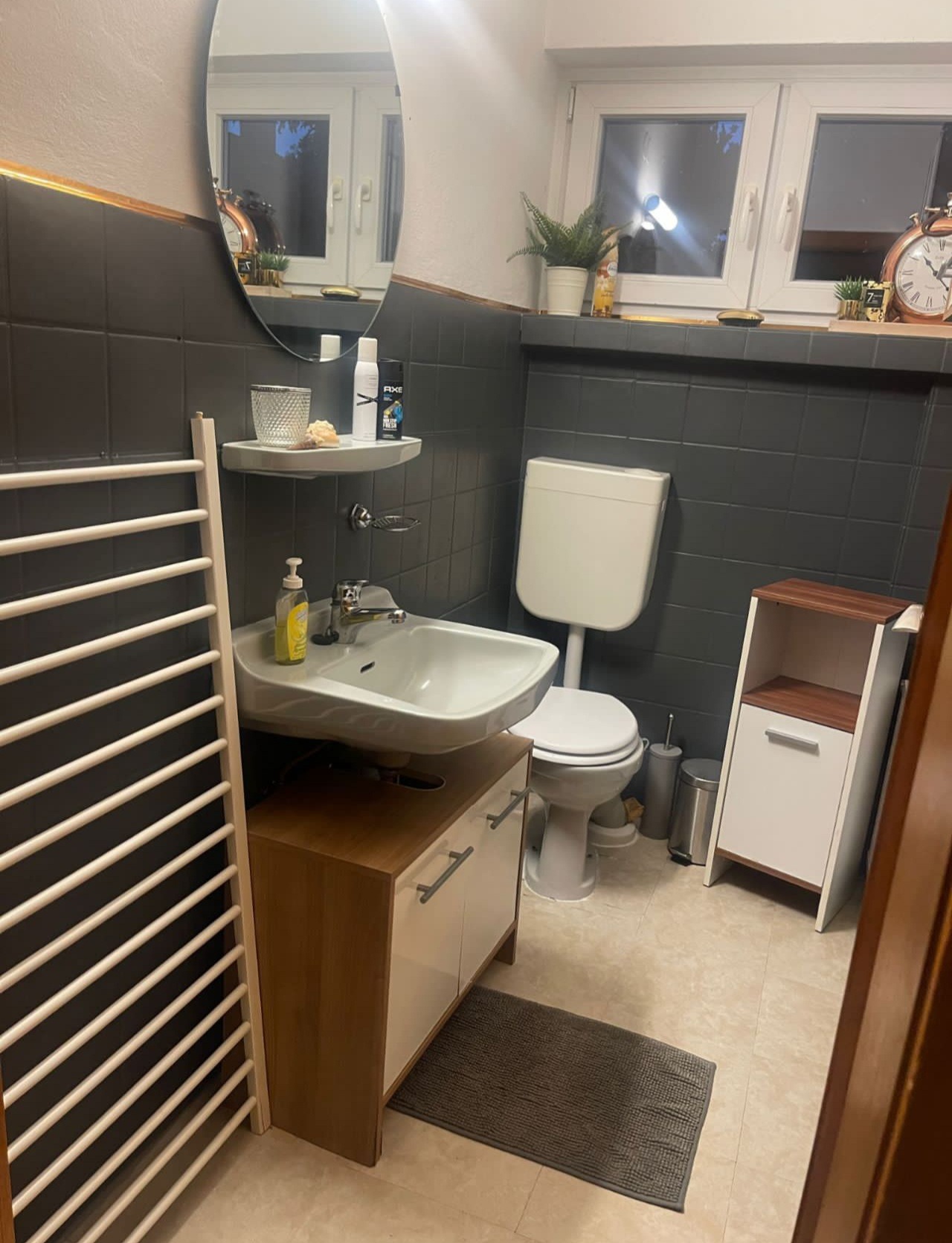 Wyremontowana łazienka z ciemnymi płytkami, owalnym lustrem, umywalką z szafką i grzejnikiem drabinkowym. Minimalistyczny styl z akcentami roślinnymi i dekoracyjnymi.