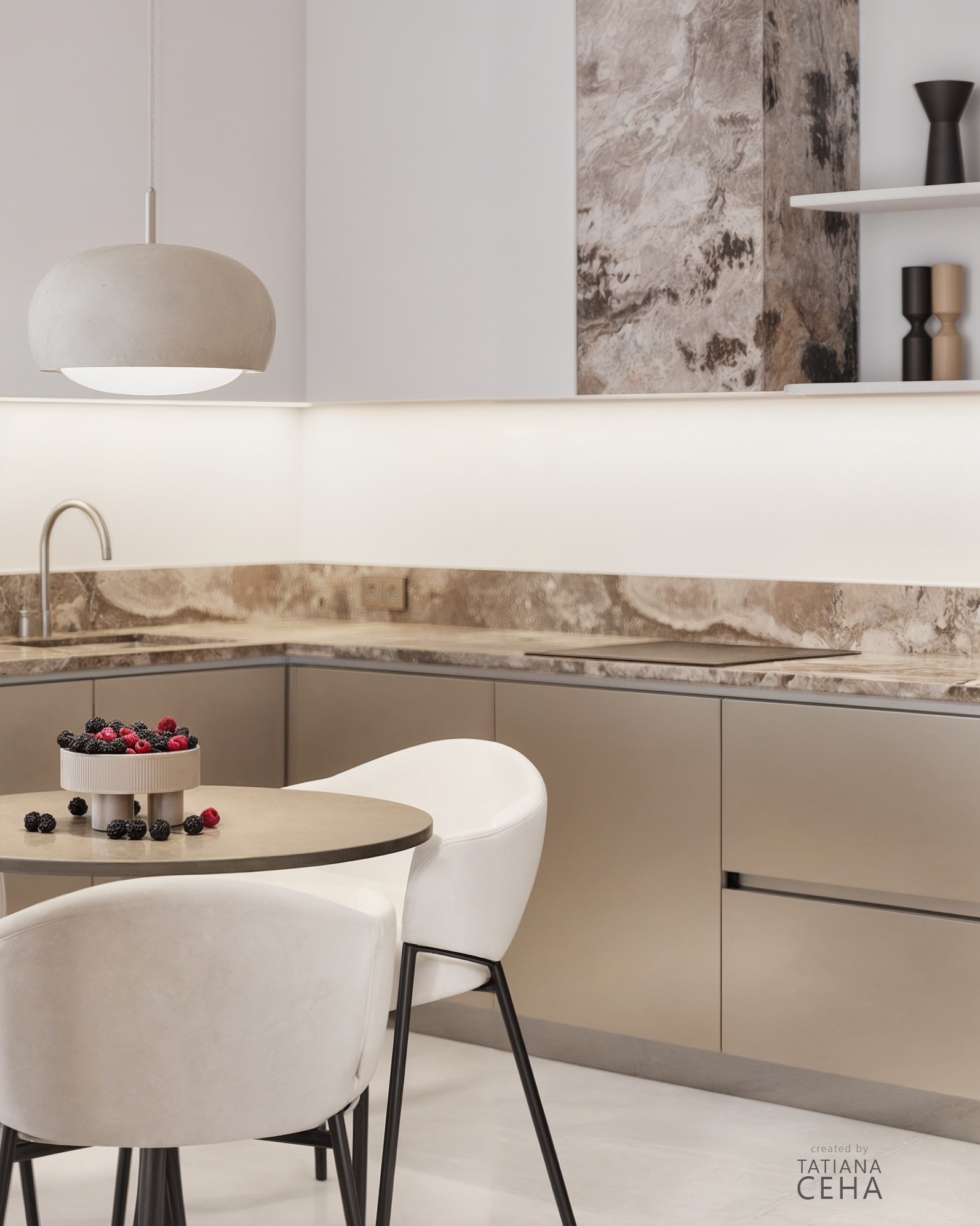 Nowoczesna kuchnia w beżach: okrągły stół z owocami, białe krzesła, marmurowy blat i oświetlenie LED. Minimalistyczny design z dbałością o detale.