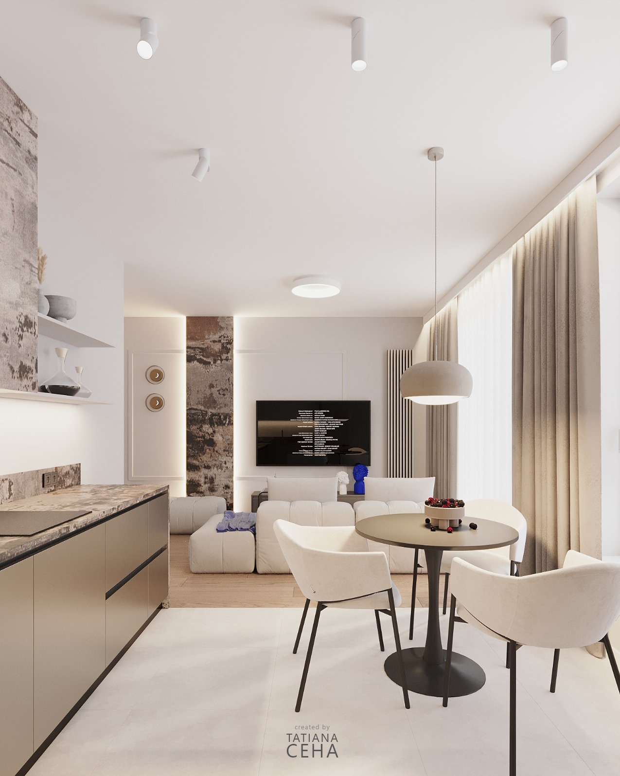 Nowoczesna kuchnia z jadalnią: beżowe szafki, okrągły stół z owocami, biała sofa, TV na ścianie z dekoracyjnym panelem. Minimalistyczne oświetlenie punktowe i zasłony.