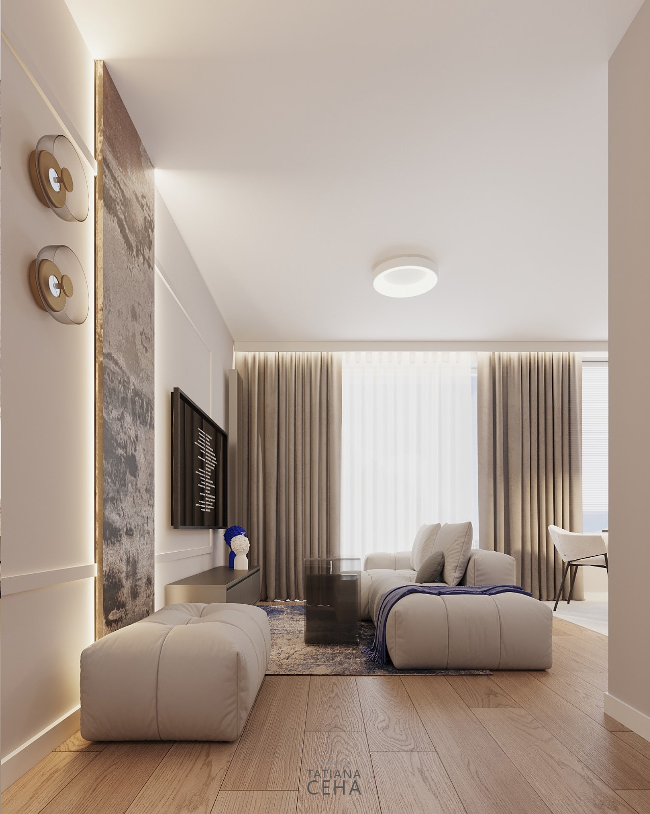 Nowoczesny salon z drewnianą podłogą, beżową sofą modułową i dekoracyjną ścianą z oświetleniem LED. Centralnie umieszczony telewizor i subtelne dodatki.