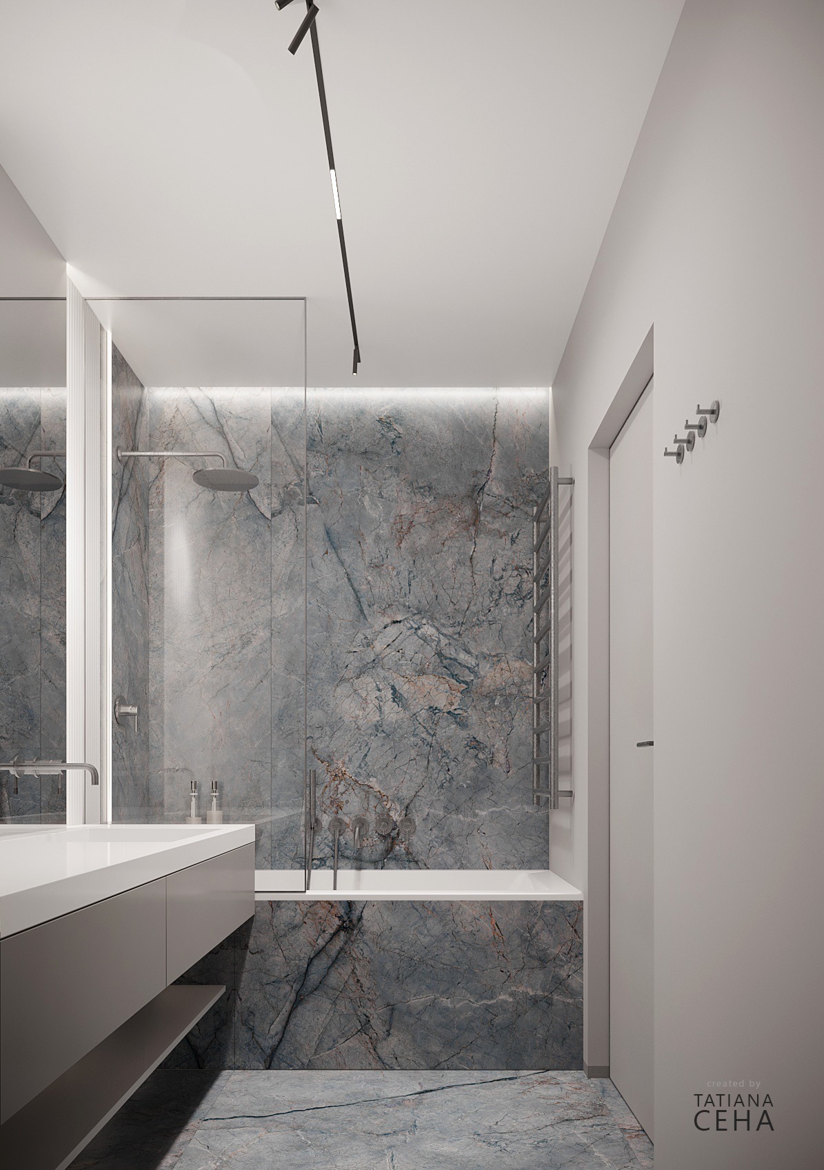 Elegancka łazienka z marmurową okładziną ścian i podłogi. Nowoczesna armatura, minimalistyczna szafka umywalkowa i oświetlenie liniowe tworzą spójną całość.