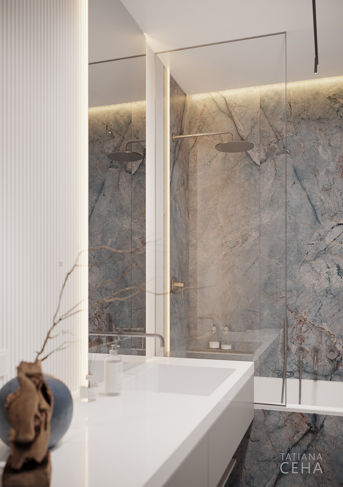 Elegancka łazienka z marmurową ścianą, deszczownicą i minimalistyczną umywalką. Dekoracyjny wazon z gałązkami dodaje wnętrzu charakteru. Subtelne oświetlenie podkreśla detale.