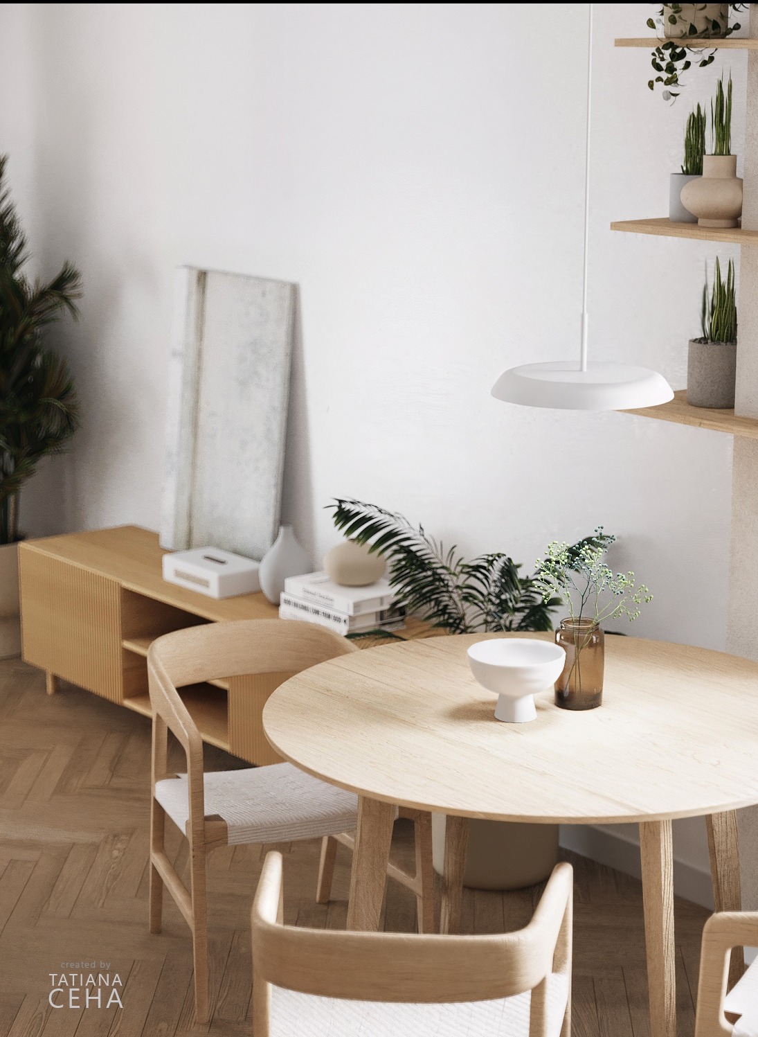 Jasna jadalnia w stylu skandynawskim: okrągły stół z drewna, krzesła z jasną tapicerką, drewniana komoda, rośliny doniczkowe i minimalistyczna lampa wisząca.