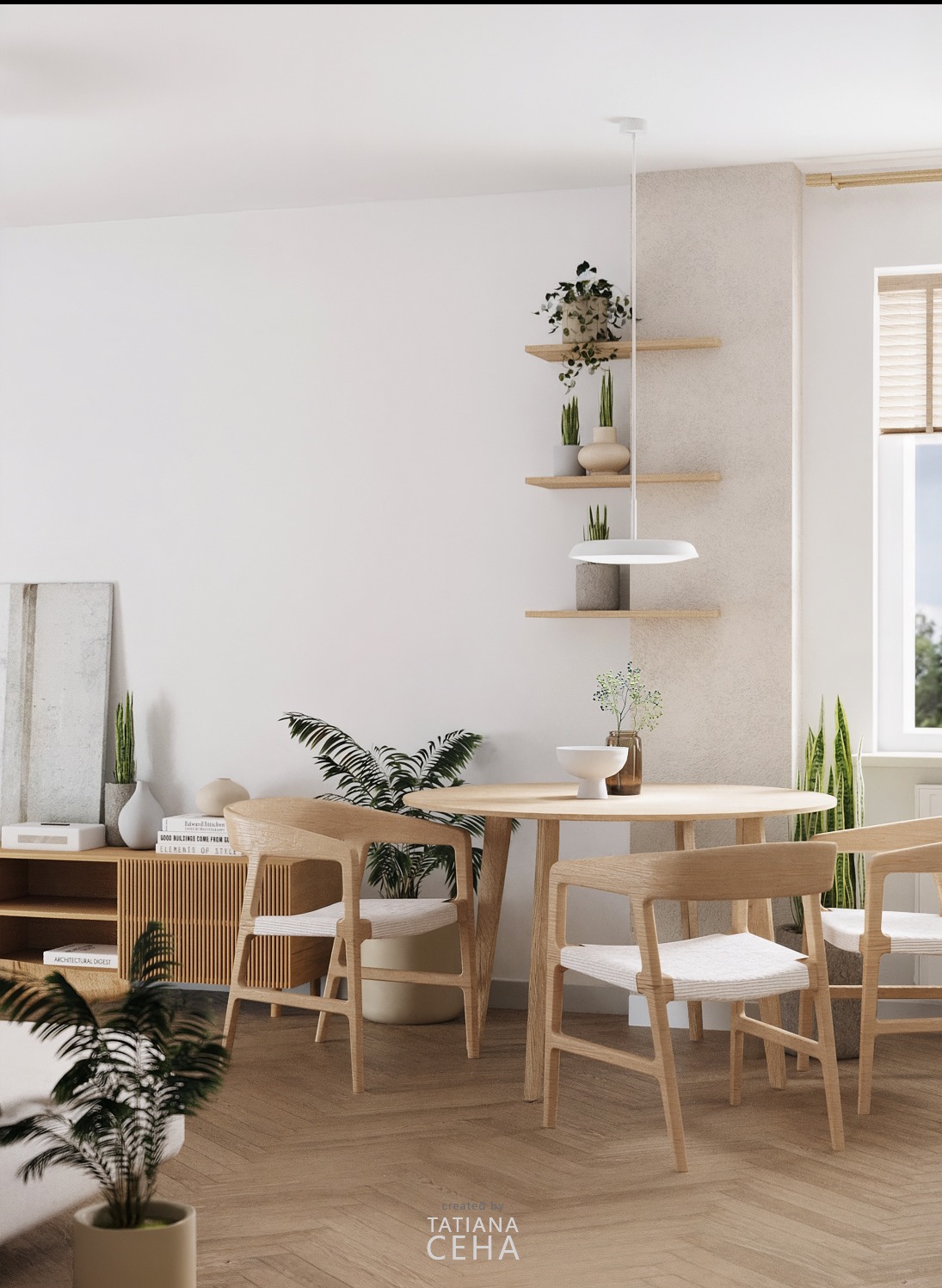 Jasne drewno i zieleń w minimalistycznej jadalni: okrągły stół, krzesła z tkaniny, półki z roślinami i parkiet w jodełkę. Przytulne i nowoczesne wnętrze.