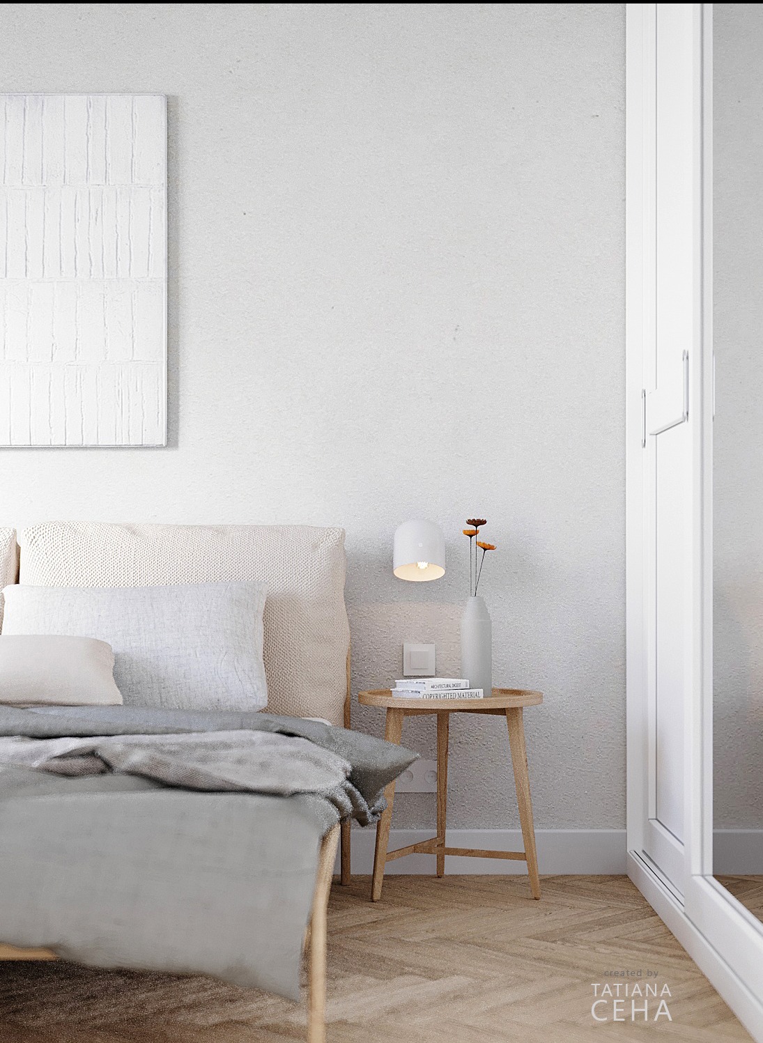 Jasna sypialnia w minimalistycznym stylu: łóżko z wełnianym zagłówkiem, stolik nocny z lampką i wazonem. Na ścianie biały obraz. Parkiet w jodełkę na podłodze.