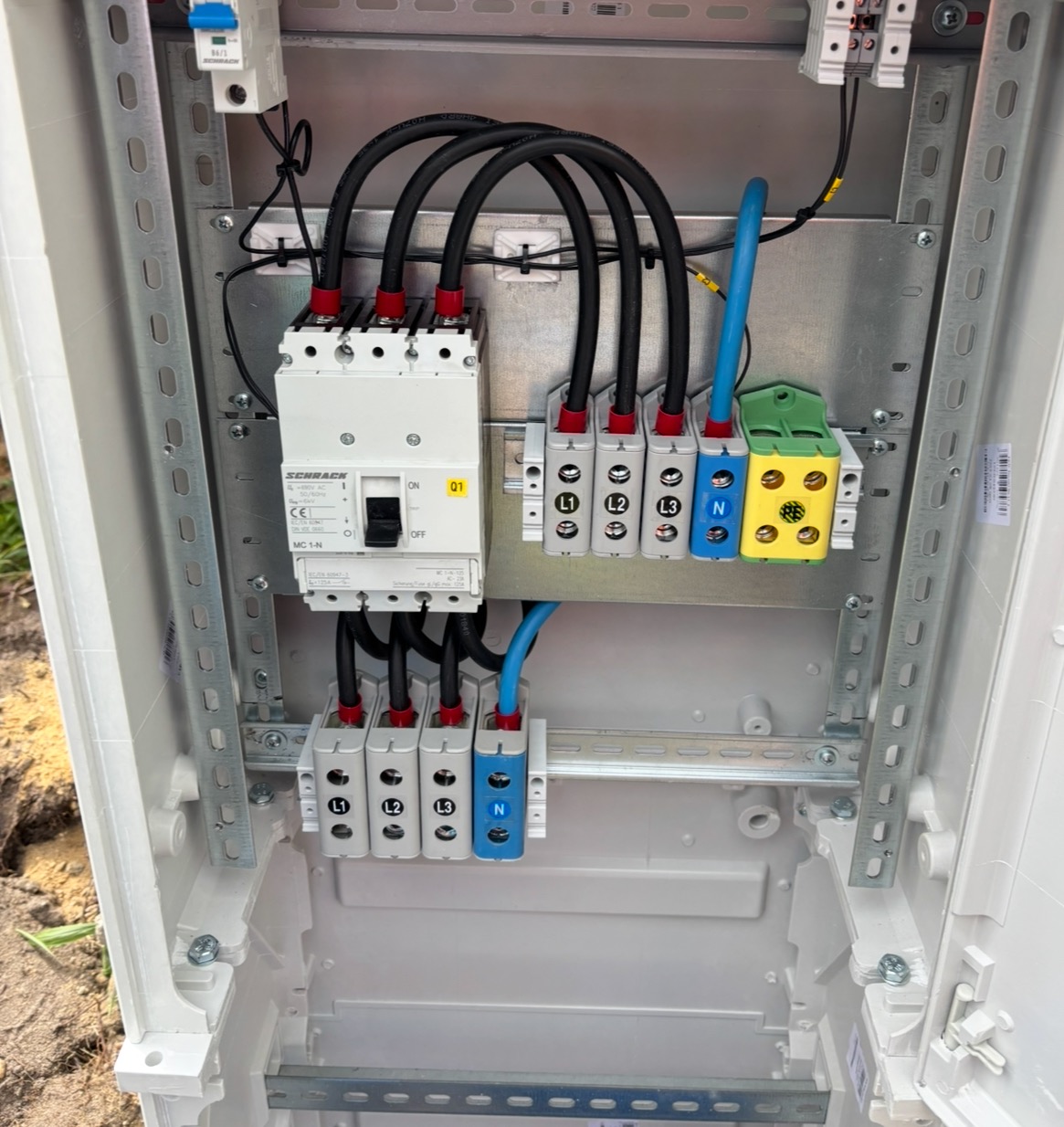 Rozdzielnica elektryczna z zamontowanymi bezpiecznikami i przewodami oznaczonymi L1, L2, L3 i N. Widoczne elementy montażowe i metalowa szyna DIN.