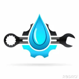 Grafika: Niebieska kropla wody na tle czarnej zębatki i klucza francuskiego, symbolizująca usługi hydrauliczne lub instalacyjne. Logo w odcieniach błękitu i czerni.