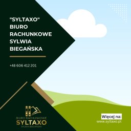 Syltaxo biuro rachunkowe - Grafika biura rachunkowego Syltaxo z logo, danymi kontaktowymi i adresem strony internetowej na tle stylizowanego krajobrazu z chmurką.
