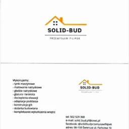 Wizytówka firmy Solid-Bud Przemysław Filipek oferującej tynki maszynowe, malowanie natryskowe, glazurę, adaptacje poddaszy i kompleksowe wykończenia wnętrz.