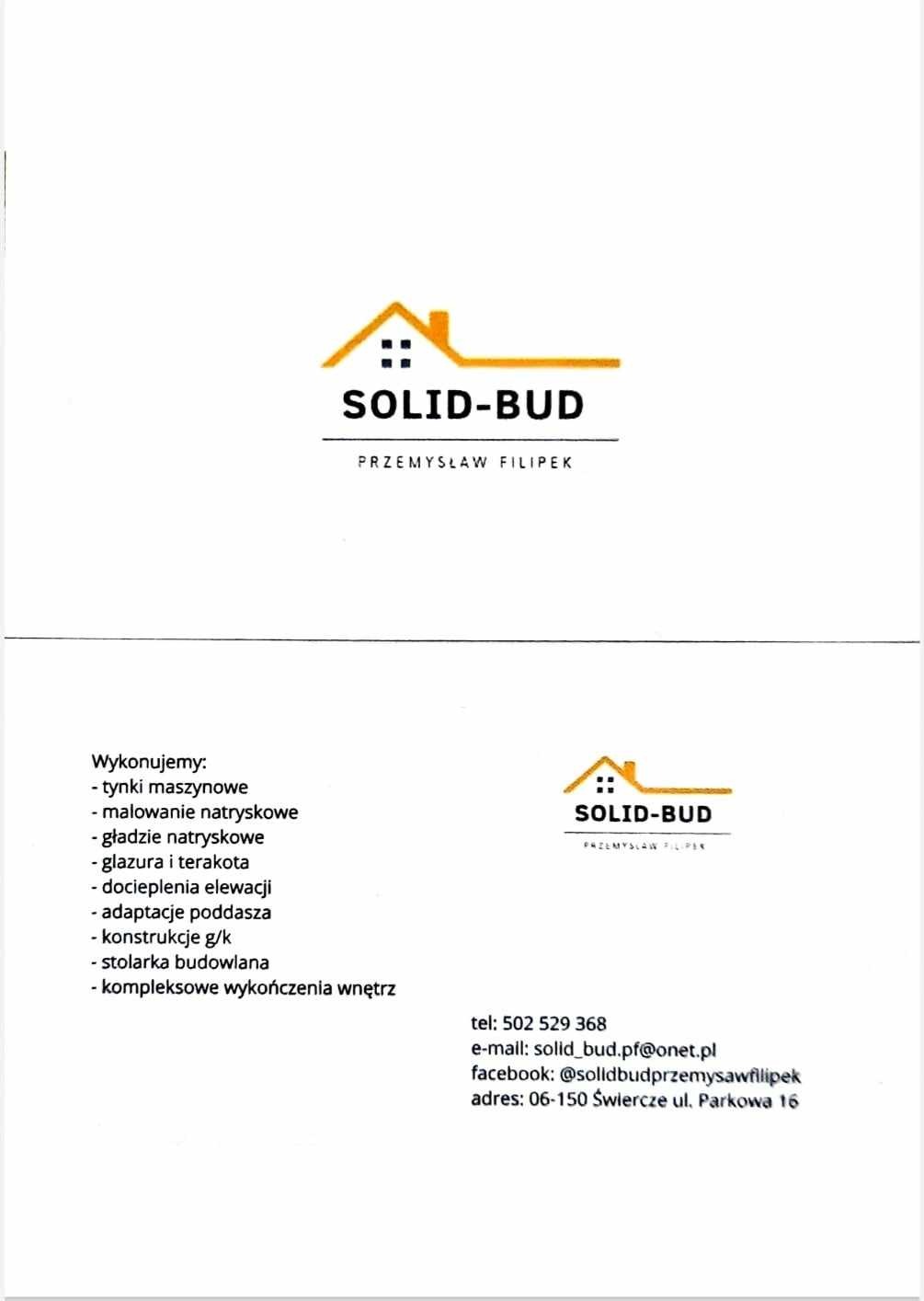 Wizytówka firmy Solid-Bud Przemysław Filipek oferującej tynki maszynowe, malowanie natryskowe, glazurę, adaptacje poddaszy i kompleksowe wykończenia wnętrz.