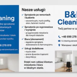 Ulotka firmy sprzątającej B&I Cleaning z ofertą: sprzątanie po remontach, biur, mycie okien, pranie dywan&oacute;w. Zdjęcia czystych wnętrz biurowych i mieszkalnych.