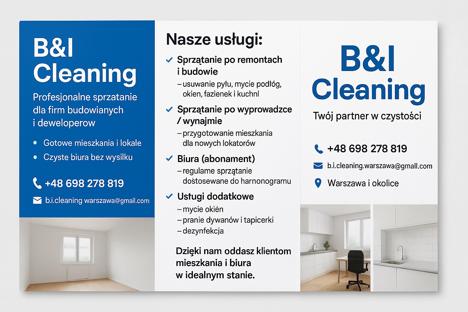 Ulotka firmy sprzątającej B&I Cleaning z ofertą: sprzątanie po remontach, biur, mycie okien, pranie dywanów. Zdjęcia czystych wnętrz biurowych i mieszkalnych.