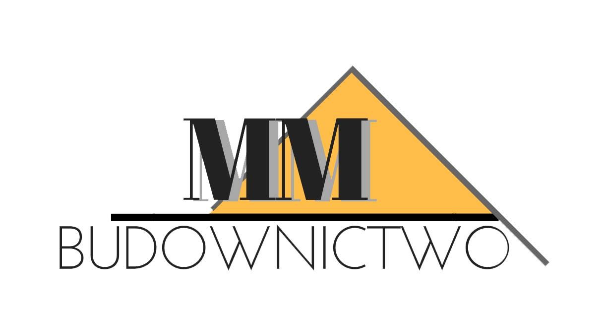 Logo firmy MM Budownictwo: czarne litery 'MM' z szarym cieniem, poniżej napis 'BUDOWNICTWO', całość na tle żółtego trójkąta z szarą obwódką.