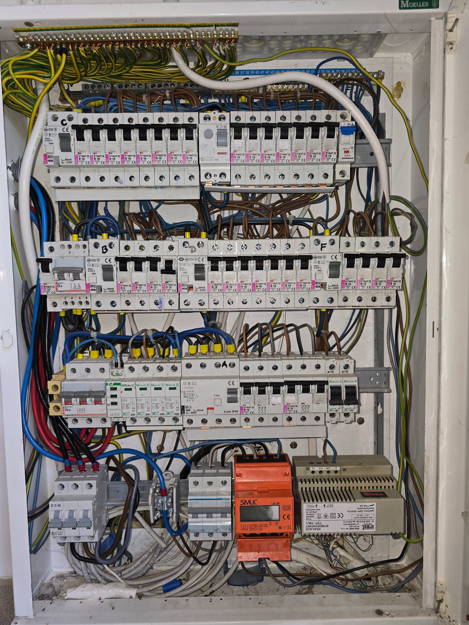 Rozdzielnia elektryczna z bezpiecznikami, przewodami i elementami sterującymi, widoczna w białej obudowie. Różne kolory kabli.