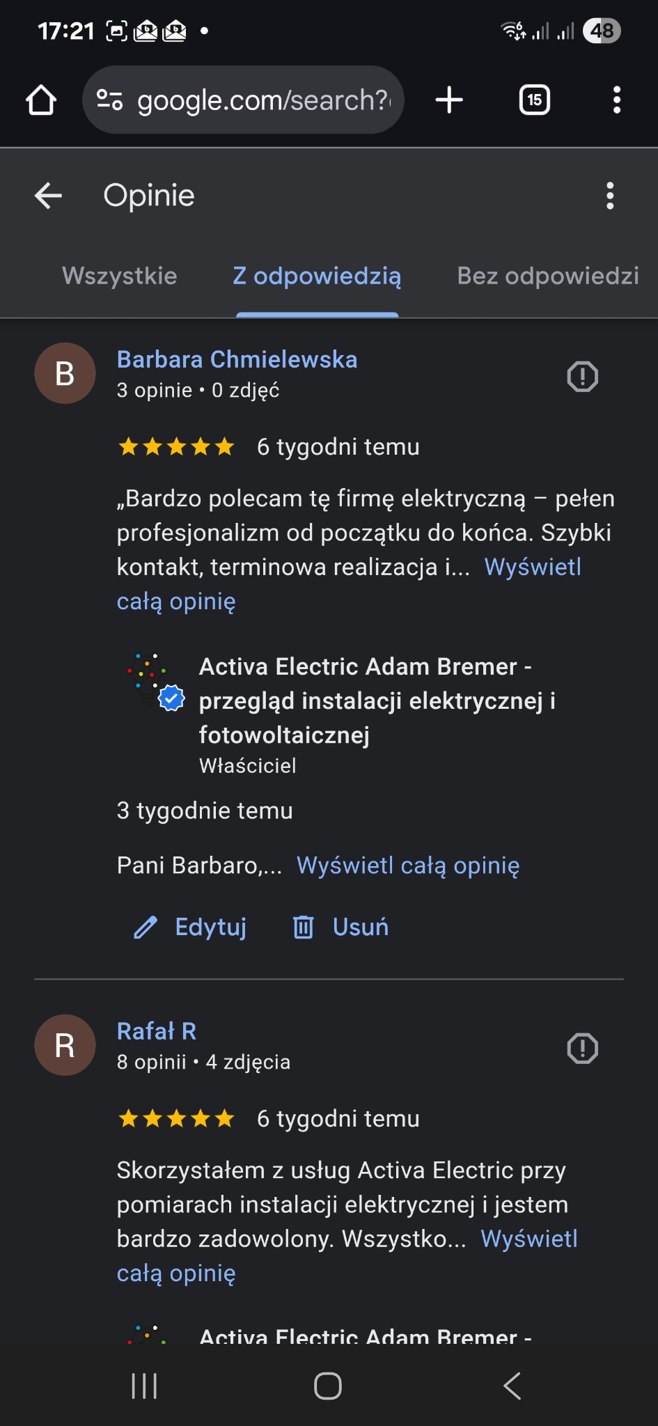 Zrzut ekranu z opiniami klientów o firmie elektrycznej, zadowoleni klienci polecają firmę za profesjonalizm i terminowość. Widoczny fragment opinii o przeglądzie instalacji.