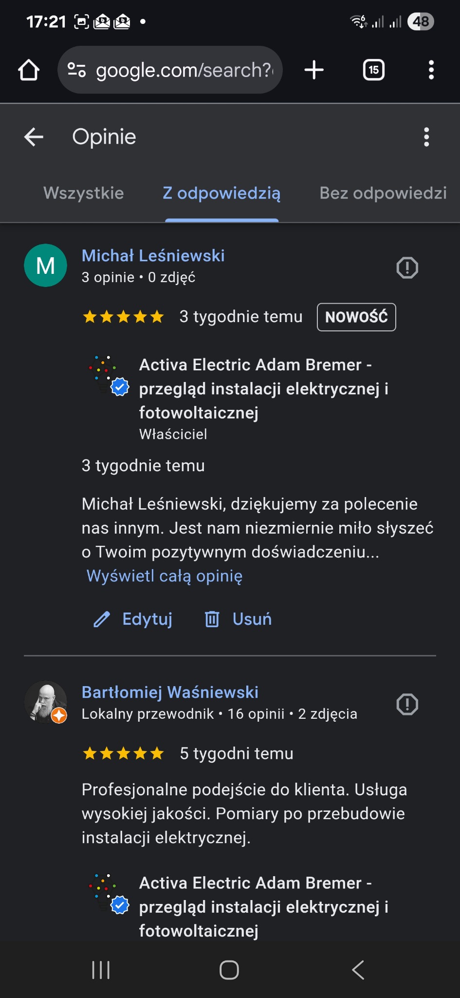 Opinie klientów o pomiarach elektrycznych w Warszawie. Pozytywne recenzje z Google o przeglądach instalacji elektrycznych i fotowoltaicznych, potwierdzające wysoką jakość usług.
