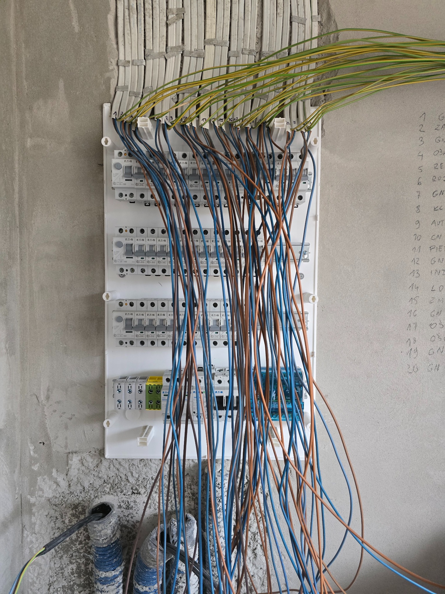 Rozdzielnica elektryczna z podłączonymi przewodami w surowym wnętrzu. Widoczne zabezpieczenia i oznaczenia na ścianie. Przewody w kolorach niebieskim, brązowym i żółto-zielonym.