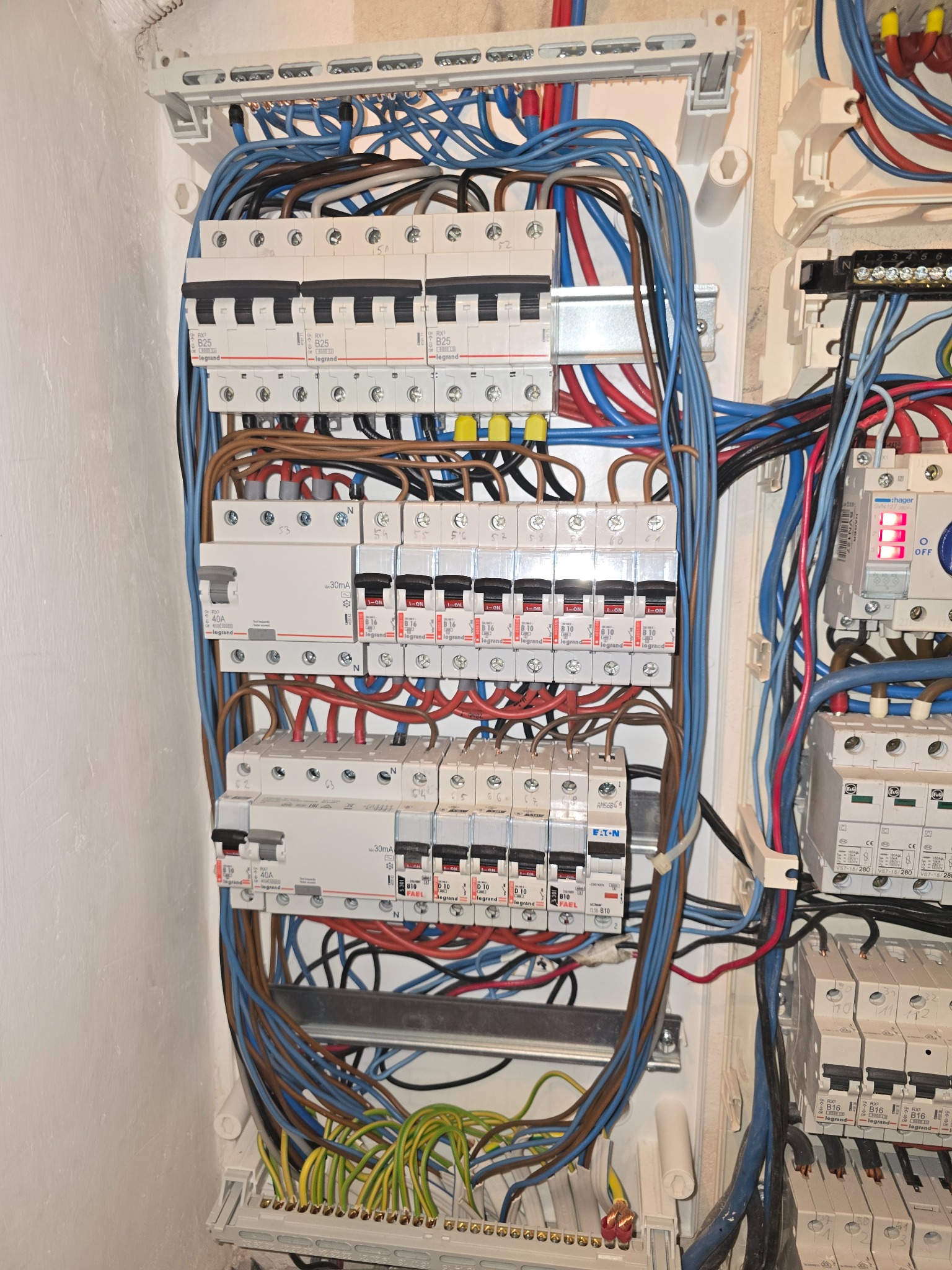 Rozdzielnica elektryczna z zainstalowanymi bezpiecznikami i podłączonymi przewodami w różnych kolorach, widok z bliska na elementy instalacji.