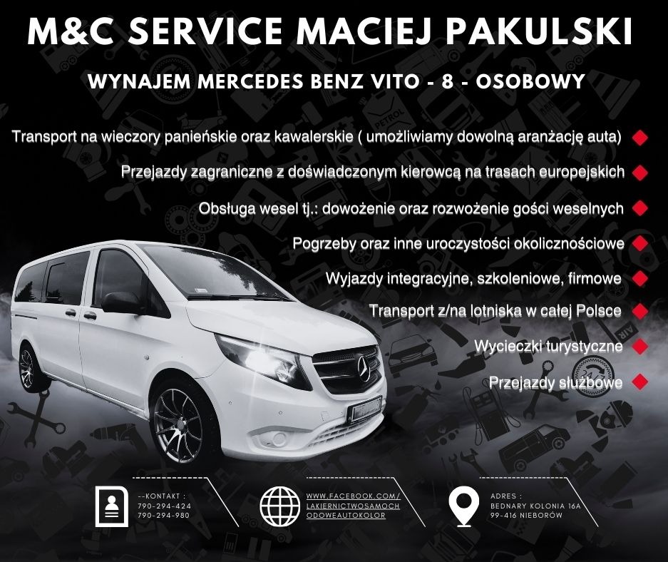 Czarno-biała grafika z białym Mercedesem Vito, ofertą wynajmu na 8 osób, transportu na różne okazje i wyjazdów. Dane kontaktowe i adres firmy na dole.
