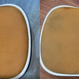 Nazarii Kulba - Krzesło z brązową tapicerką: po lewej czyste, po prawej z plamami. Porównanie efektu czyszczenia tapicerki krzesła z białym obramowaniem.