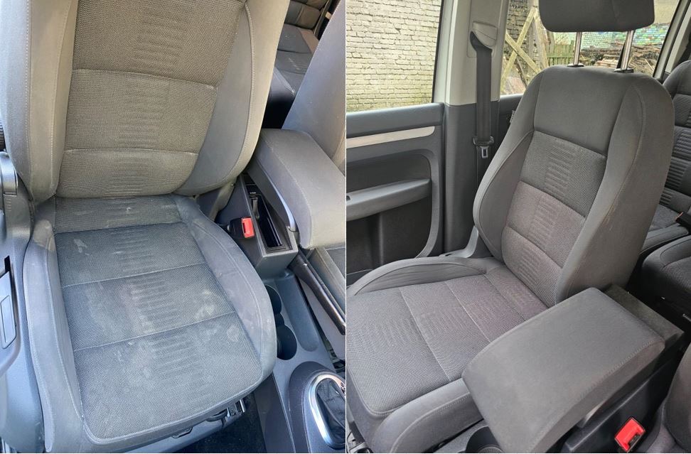 Tapicerka samochodowa przed i po czyszczeniu: wyraźna różnica w odcieniu szarości na fotelu kierowcy. Widoczne detale faktury materiału i mocowanie pasów.