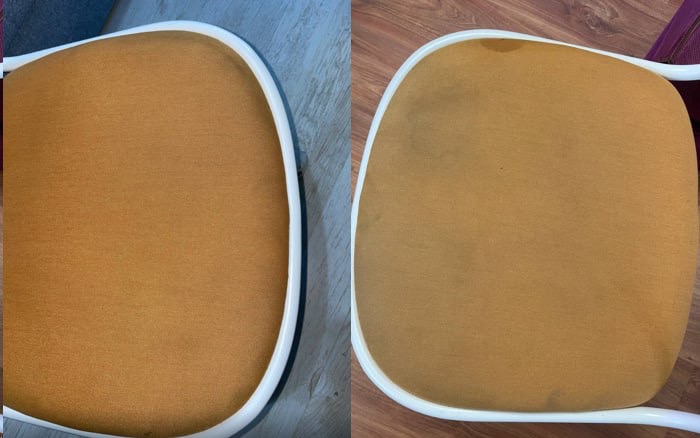 Krzesło z brązową tapicerką: po lewej czyste, po prawej z plamami. Porównanie efektu czyszczenia tapicerki krzesła z białym obramowaniem.
