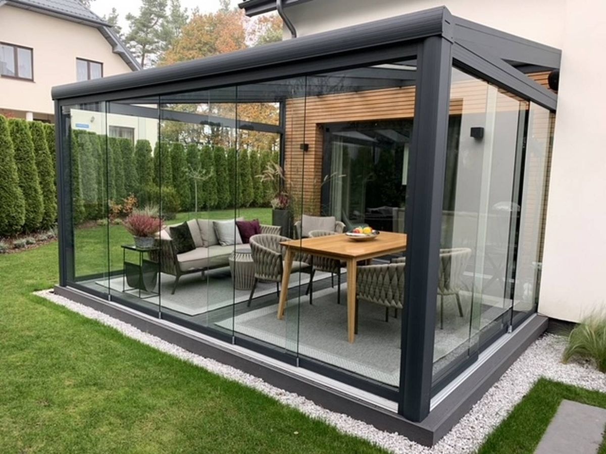 Szklana zabudowa tarasu z czarną ramą, widok z zewnątrz na meble ogrodowe i stół z owocami. Tło: zielony trawnik i tuje.