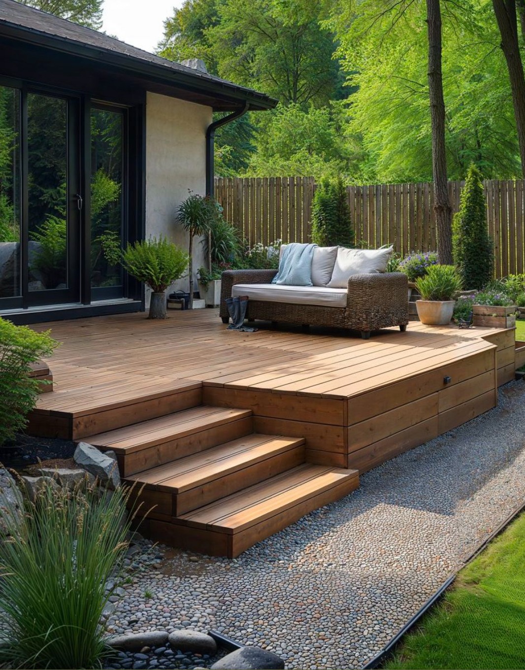 Nowoczesny taras drewniany z niskimi schodami i rattanową sofą z poduszkami na tle zieleni i drewnianego płotu. Widok na dom z dużymi, przesuwnymi drzwiami.