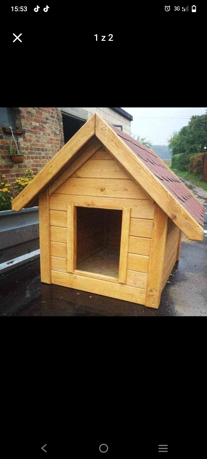 Drewniana buda dla psa z czerwonym dachem, stoi na czarnym podłożu, w tle budynek z cegły i zieleń. Buda wykonana z jasnego drewna, widoczne słoje.